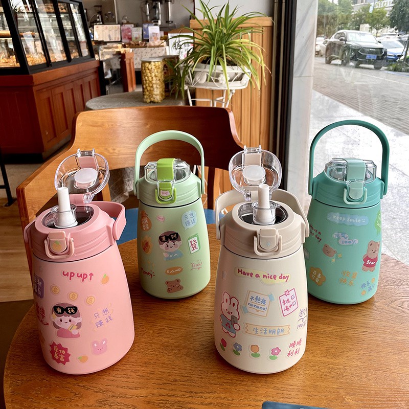 [ Có dây đeo, ống hút, sticker] Bình nước giữ nhiệt cute có sticker và ống hút - Bình giữ nhiệt 80ml cho bé inox 304 xịn