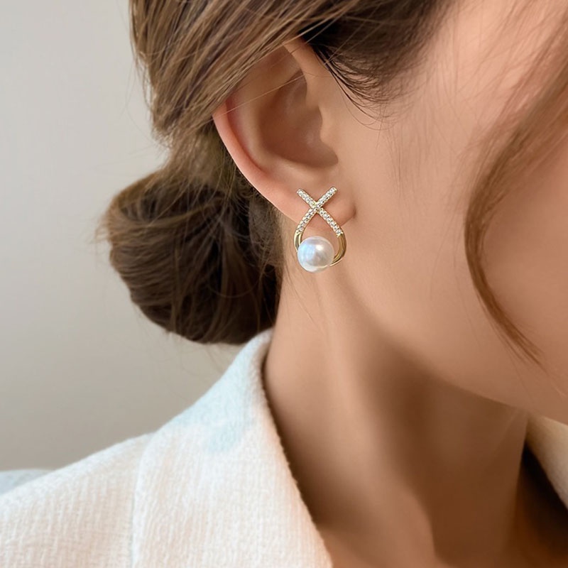 Bông Tai Chữ X Đính Ngọc Trai Phong Cách Pháp Cho Nữ