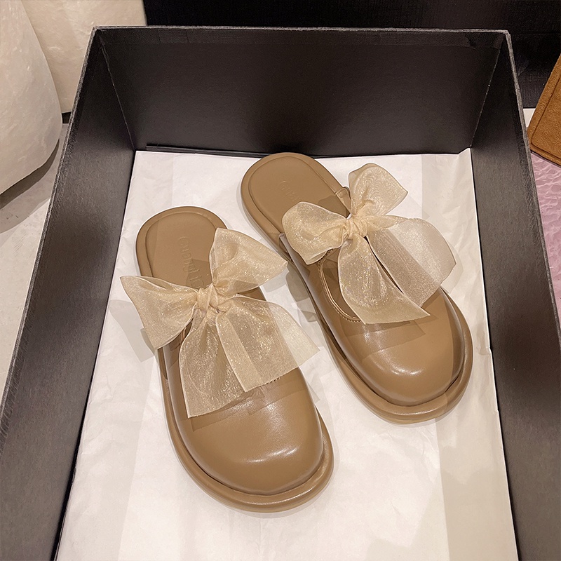 Dép lê IELGY đế phẳng bít mũi đính nơ hở phân nửa dành cho nữ