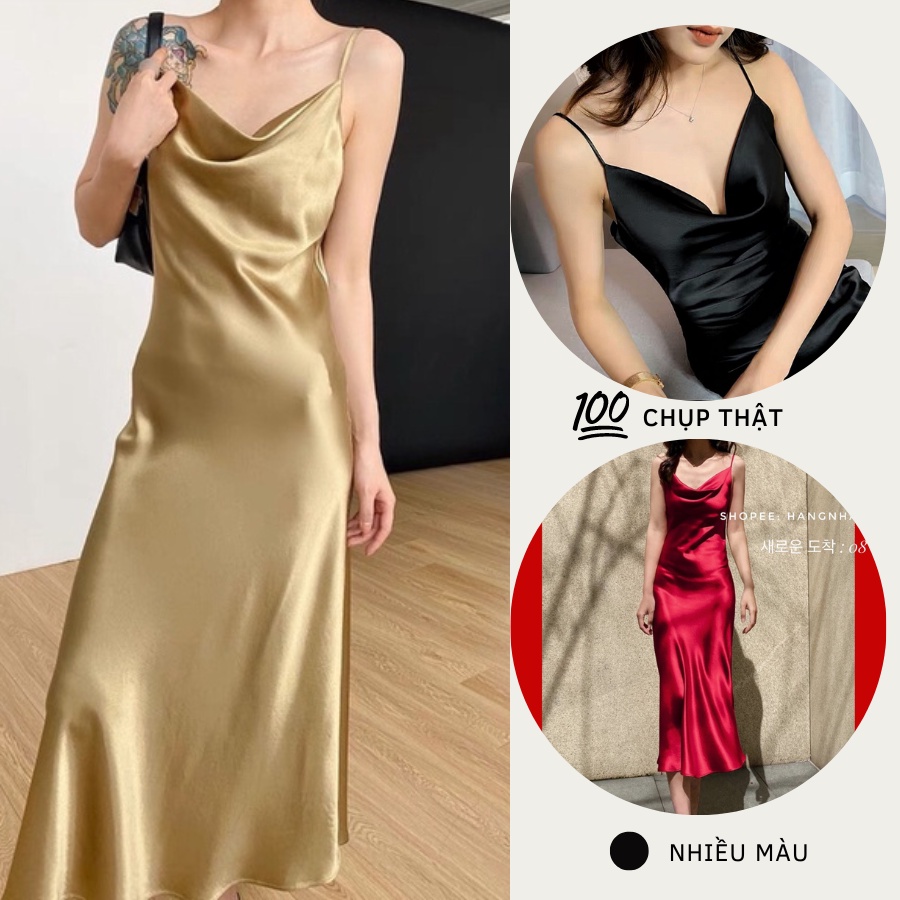 ĐẦM LỤA HAI DÂY DỰ TIỆC DÁNG DÀI CỔ ĐỔ CAO CẤP TÔN DÁNG CỰC KỲ SANG TRỌNG best seller
