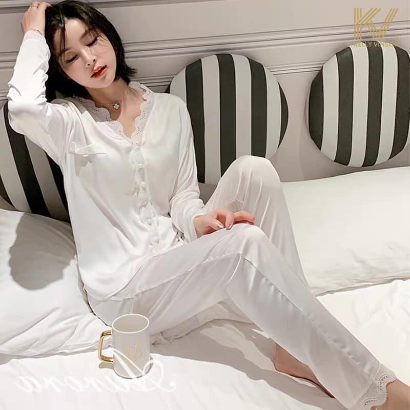 DOJI - Bồ đồ ngủ lụa cúc ngọc dài tay( QCCC có sẵn) - MUỐI SLEEPWEAR M10