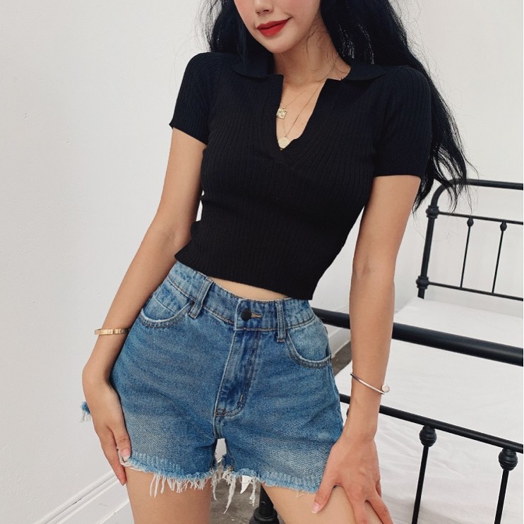 Áo thun POLO dệt kim tay ngắn cổ chữ V phong cách retro | BigBuy360 - bigbuy360.vn