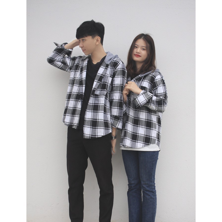 Áo Sơ Mi Cho Cả Nam Và Nữ Kẻ Caro Flannel Phối Mũ Unisex Vải Kate Hàn Đẹp Và Thoáng Mát