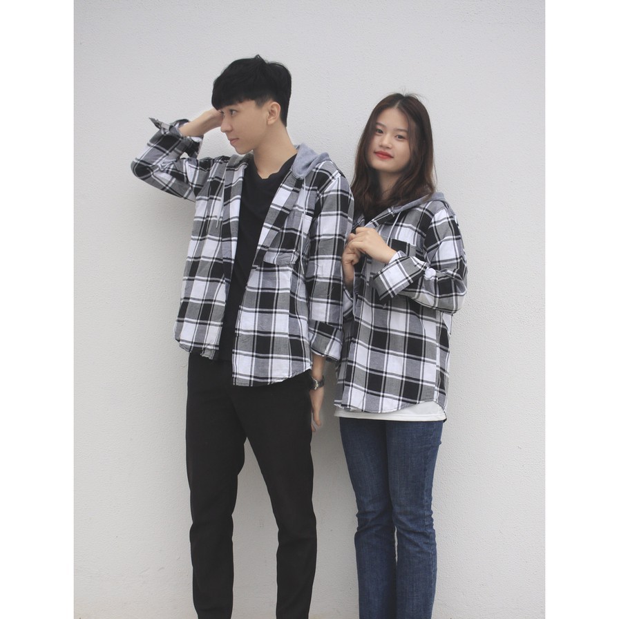 [FREESHIP TỪ 50K] Áo Sơ Mi Cho Cả Nam Và Nữ Kẻ Caro Flannel Phối Mũ Unisex Vải Kate Hàn Đẹp Và Thoáng Mát