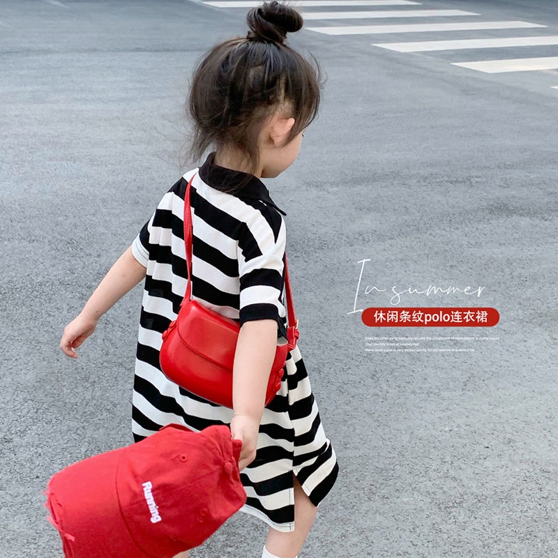 Đầm Thun Tay Ngắn Họa Tiết Sọc Trắng Đen Phong Cách Hàn Quốc Thời Trang Mùa Hè Cho Bé Gái