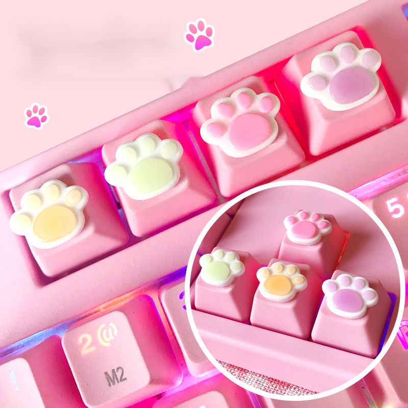 Mũ Cơ Khí Hình Tròn Màu Hồng Trong Suốt In Hình Dấu Chân Mèo / Cô Gái Chiến Binh Xinh Xắn Trang Trí Bàn Phím