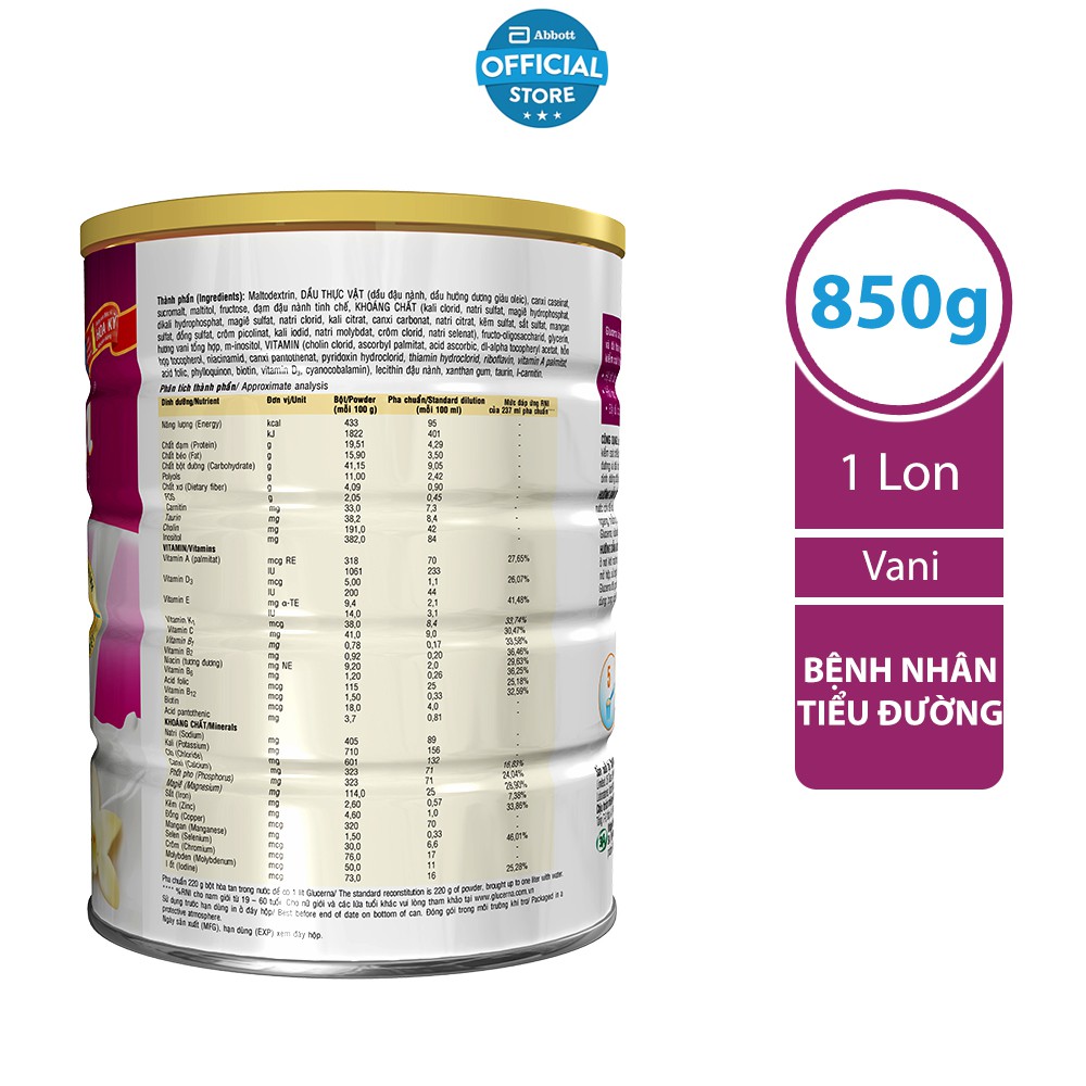 Sữa bột Abbott Glucerna 850g Dinh dưỡng chuyên biệt cho người đái tháo đường