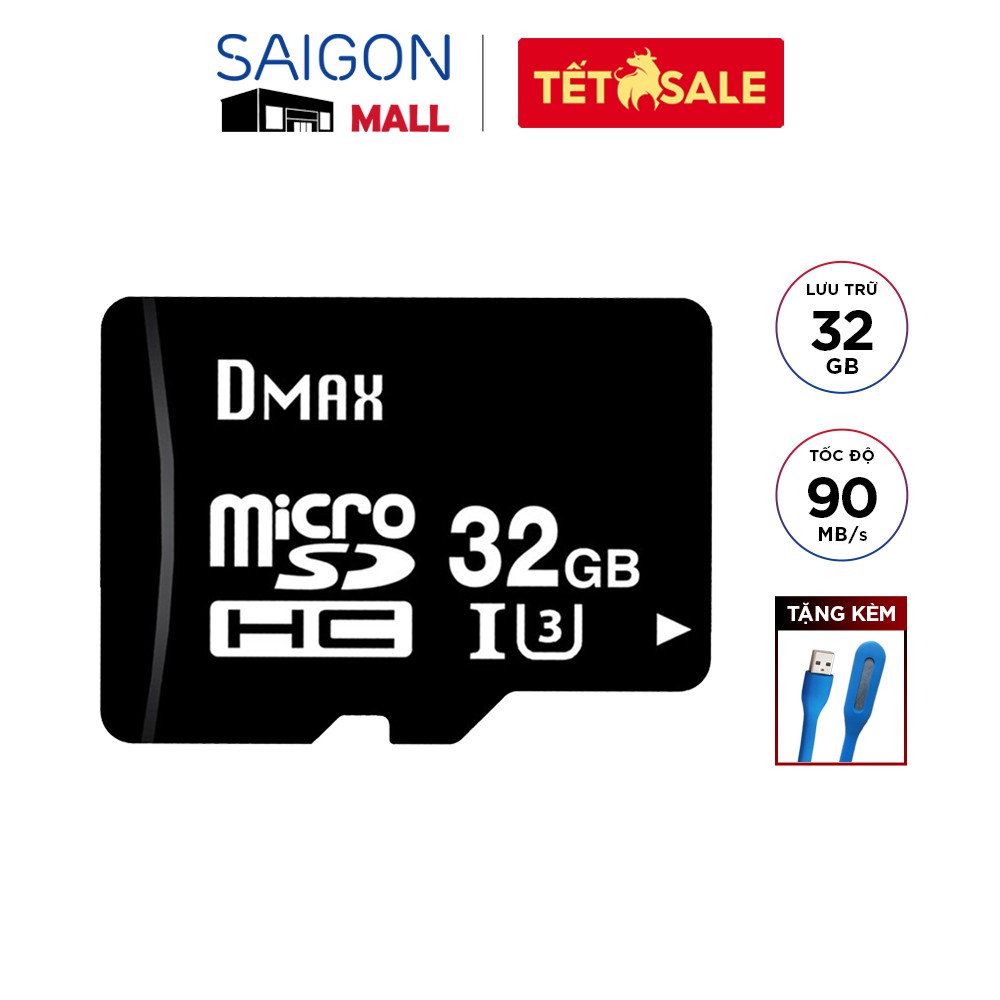 Thẻ nhớ micro SDHC 32GB Dmax C10 U3 tốc độ cao upto 90MB/s tặng đèn LED cổng USB - Bảo hành 5 năm đổi mới