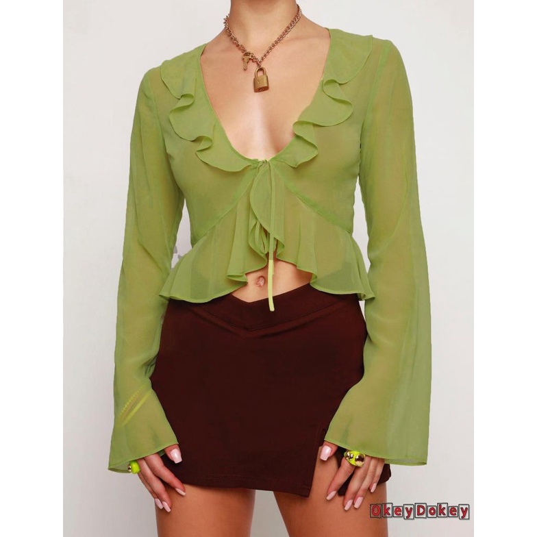 Áo Croptop Tay Loe Dài Cổ Chữ V Màu Trơn Phối Ren Lưới Thời Trang Cho Nữ