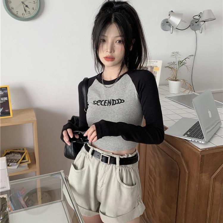 SUXI Áo Thun Tay Dài Cổ Tròn In Chữ Màu Khối Ôm Dáng Phong Cách Vintage Dễ Phối Đồ