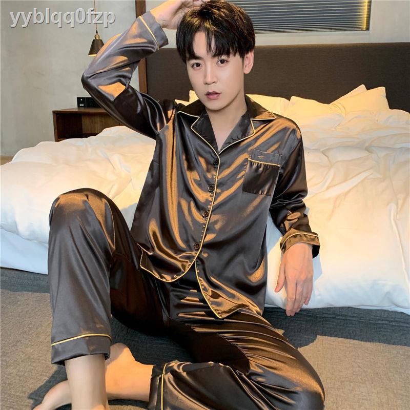 Bộ đồ ngủ của nam giới lụa băng mùa xuân và hè quần dài tay mỏng cộng với phân bón để tăng thu dịch vụ tại