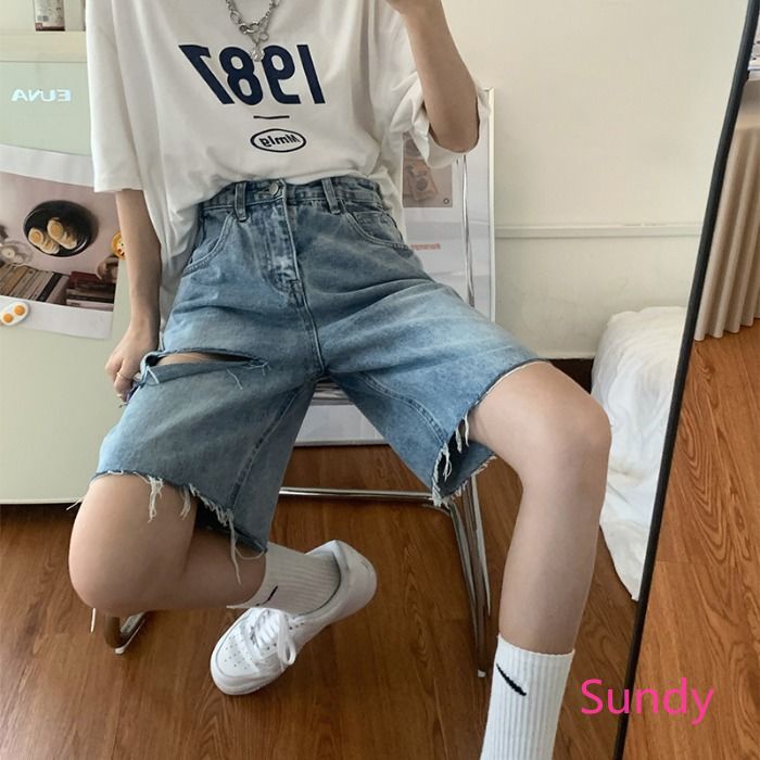 Quần Short Jeans Lưng Cao Ống Rộng Thời Trang Dành Cho Nữ