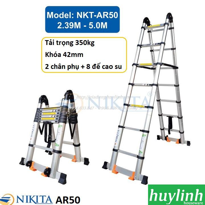 Freeship Thang nhôm rút đôi chữ A Nikita NKT-AR50 - 5 mét - Có bánh xe - Tải trọng 350kg