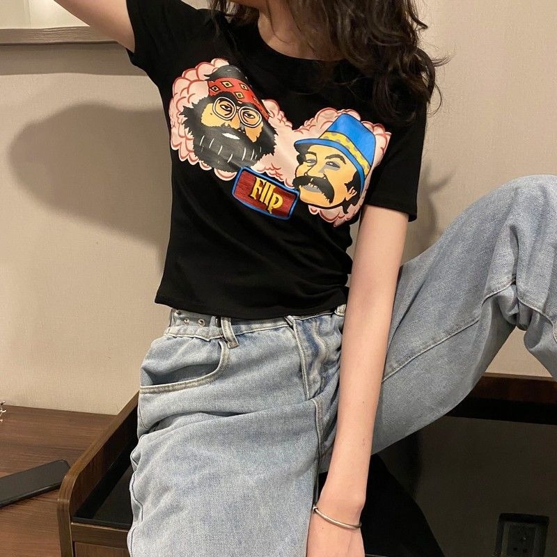 Áo Thun Lửng Ngắn Tay In Họa Tiết Dễ Thương