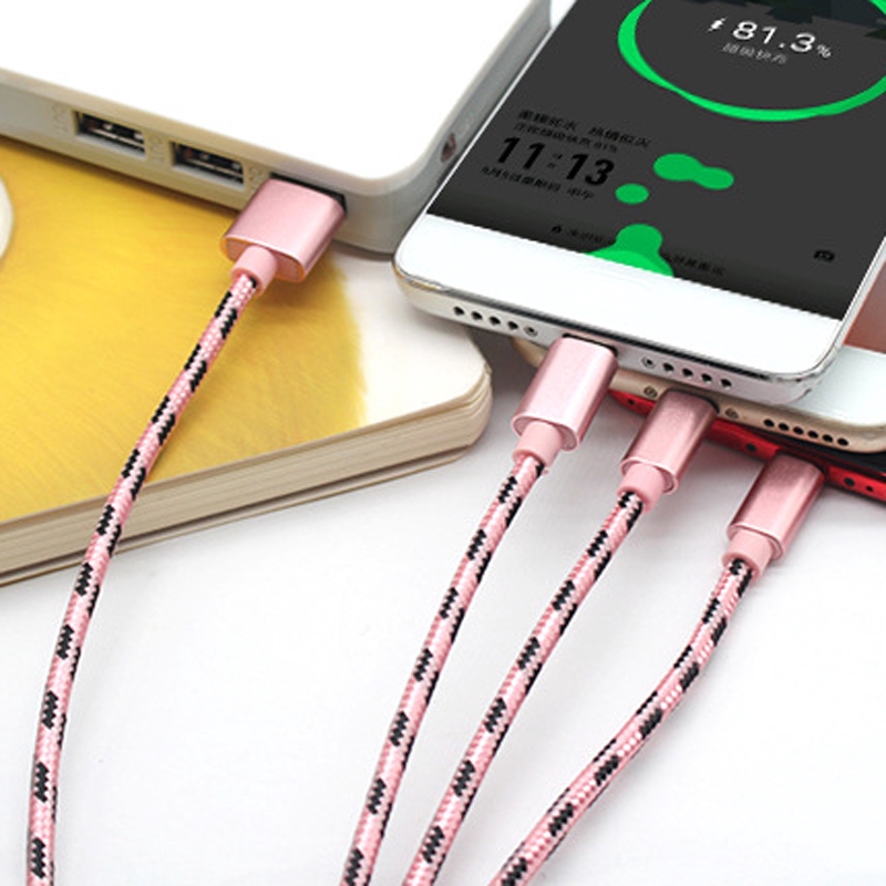 Cáp sạc nhanh dây bện thiết kế 3 trong 1 cổng Micro USB + iOS + Loại C tiện dụng