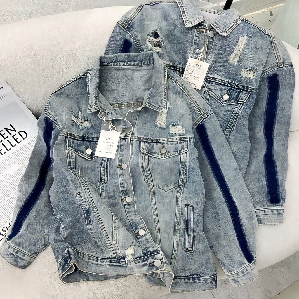 Áo Khoác Jeans Loang Rách Nữ Dài Tay Áo Sơ Mi Bò Nữ Dáng Rộng G0202