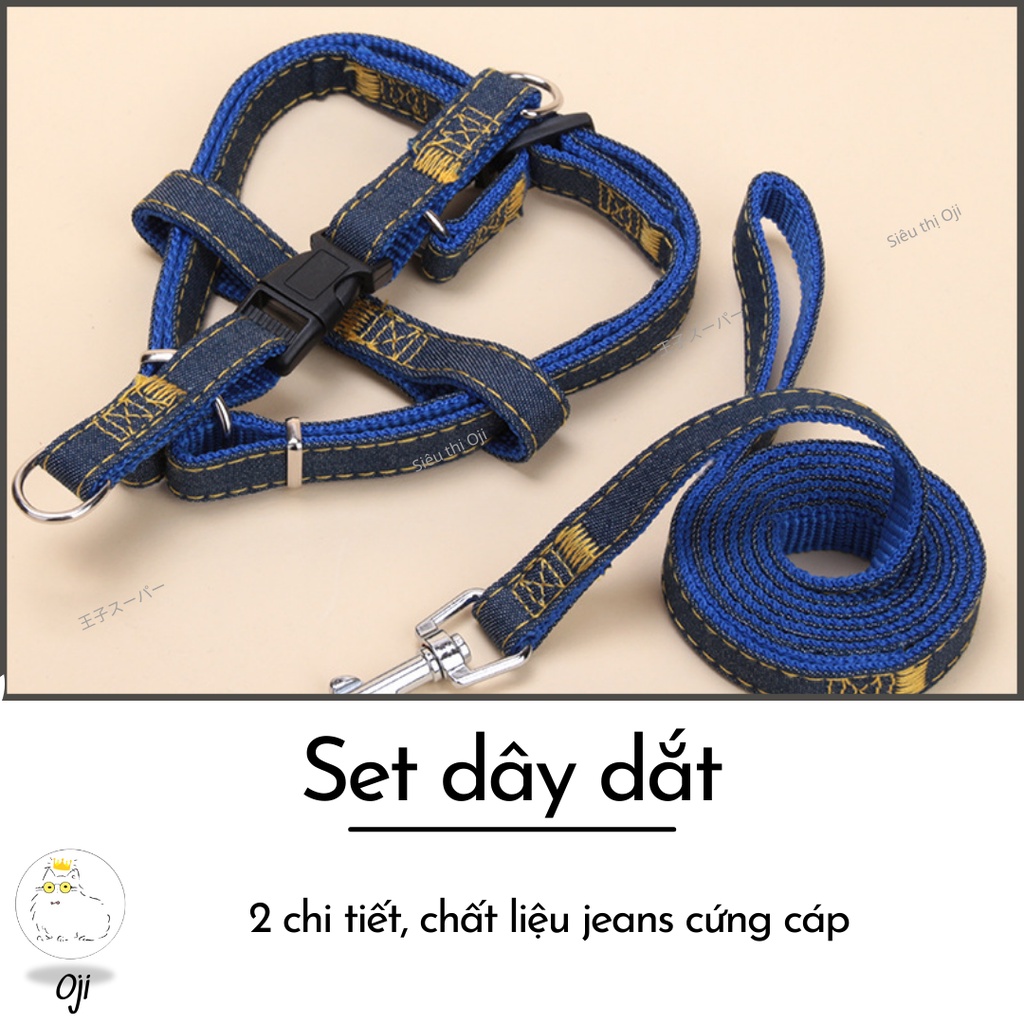 Dây Dắt Chó Mèo, 120 cm, Chống Hằn Cổ, Kèm Yếm Jeans