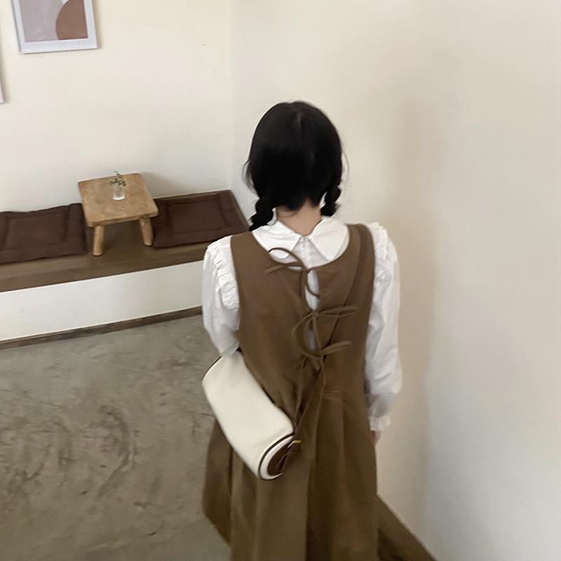 Bộ Áo Sơ Mi Cổ Buộc Dây Dáng Rộng + Đầm Yếm Dáng Rộng Thời Trang Phong Cách Hàn Quốc Cho Nữ