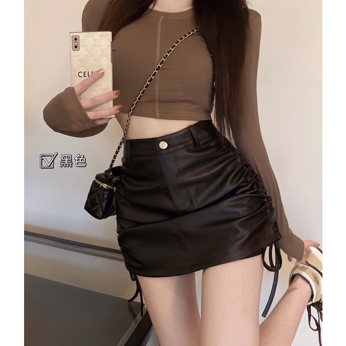 Chân Váy Da Dây Rút🥰Giảm 30%🥰Chân Váy Da Có Quần Bên Trong