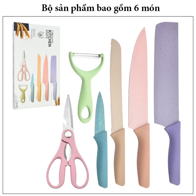 Bộ Dao Nhà Bếp Lúa Mạch 6 Món KITCHEN KNIFE Cao Cấp Kháng Khuẩn Tiện Dụng - DNB06 - Gia Dụng Tý Tẹo
