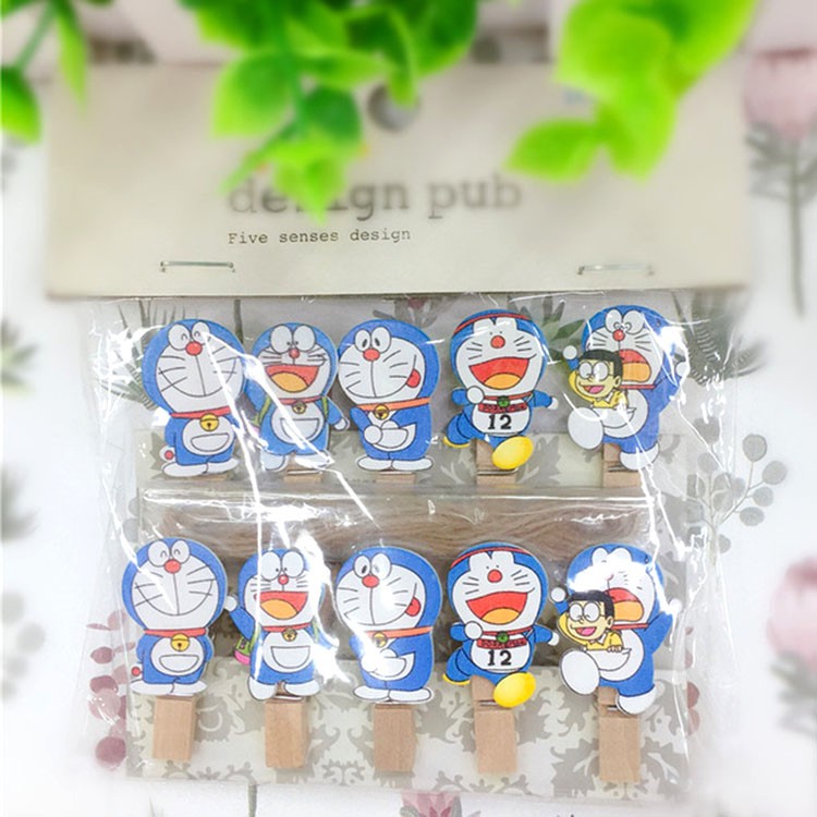 SET 10 Cái Kẹp Gỗ Sơn Design Pub hình Mèo Doremon (Tặng dây cói)