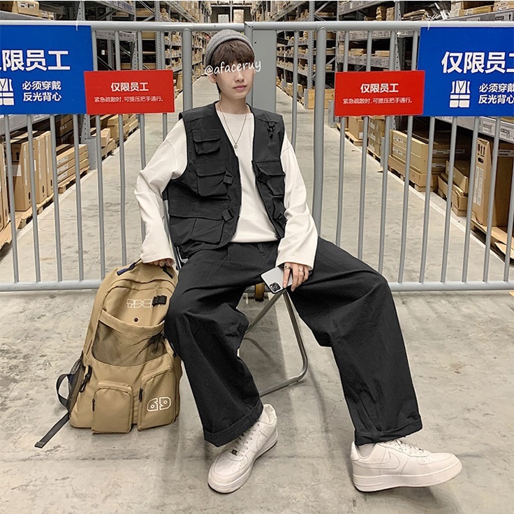 [sale xả kho] Áo ghi lê dù màu đen unisex khóa cài nhựa phong cách Hàn Quốc Quảng Châu w510 Pon.mens hà nội hcm