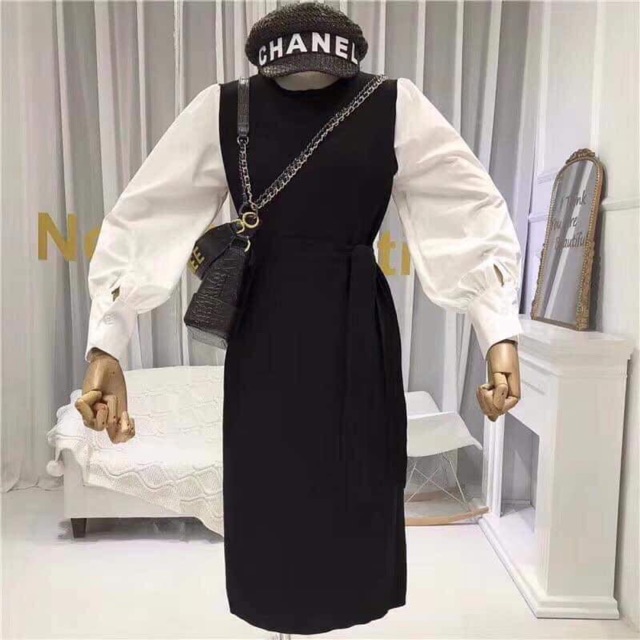 Váy len phối tay trắng