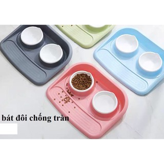 Khay đựng bát ăn cho chó mèo chống lật đổ gù lưng kèm 2 bát nhựa Khay kèm bát ăn uống cho chó mèo size lớn