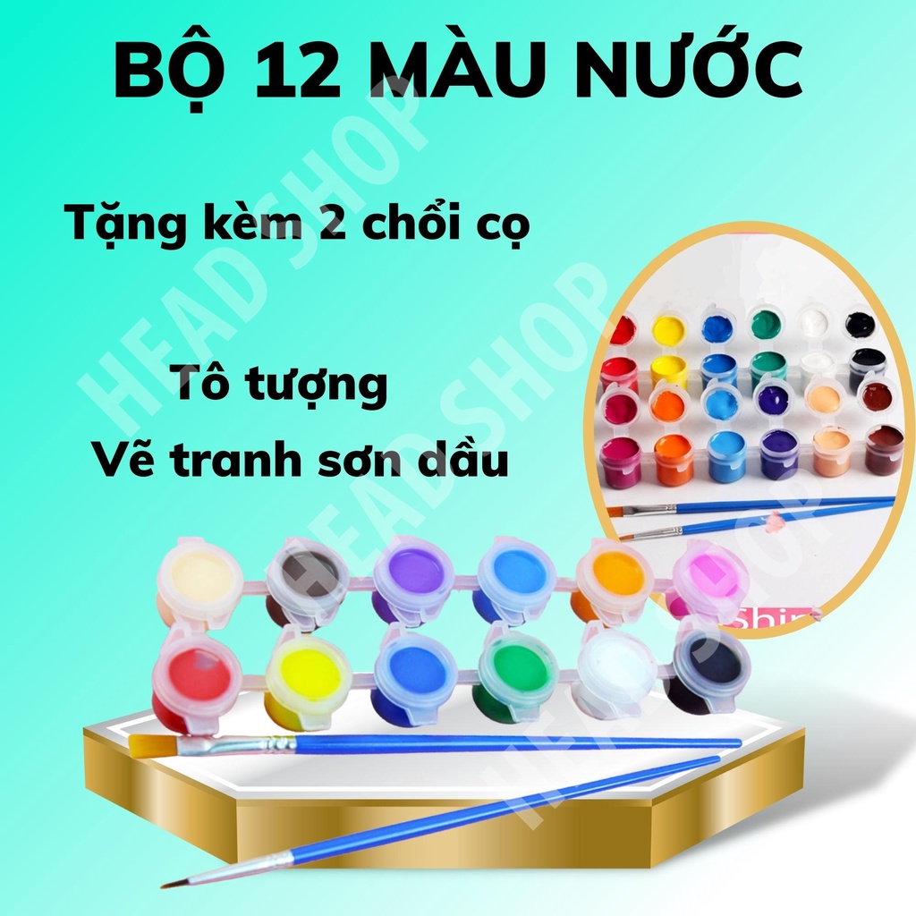 BỘ 12 MÀU NƯỚC TẶNG KÈM 2 CHỔI CỌ VẼ TRANH SƠN DẦU, TÔ TƯỢNG CHO BÉ HEADSHOP