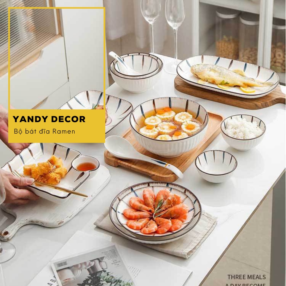 Bộ Bát Đĩa Sứ YANDY HOME BB01 Chén Dĩa Tô Gốm Sứ Vân Ramen Cao Cấp Men Đẹp