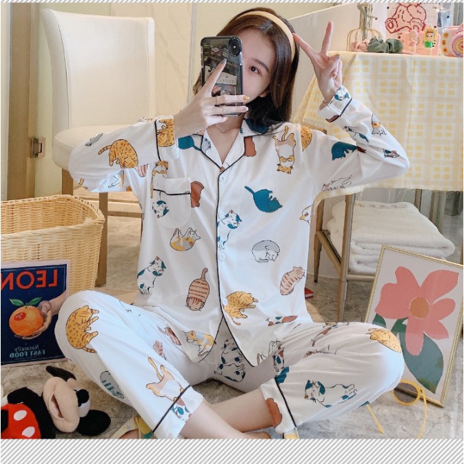 Đồ Bộ Pijama Dài Tay Lụa, Đồ Ngủ Pizama Nữ - Phong Cách Hàn Quốc - Sợi Tơ Sữa Cao Cấp Mềm, Mịn - Siêu Dễ Thương