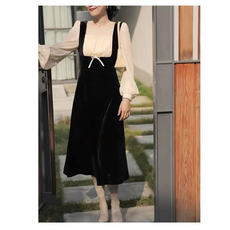 Đầm midi phối cổ và tay oganza