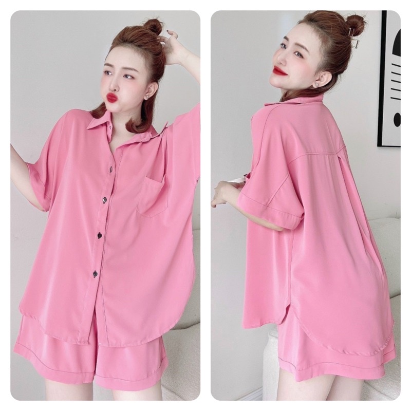 Trúc My Set bộ áo sơ mi tay ngắn và quần short trơn basic vải lụa cao cấp