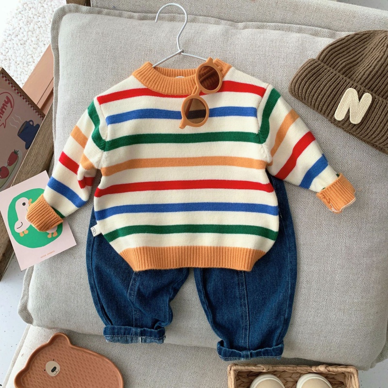 Áo Sweater Dệt Kim Tay Dài Cổ Tròn Kẻ Sọc Cầu Vồng Kiểu Hàn Quốc Dễ Thương Cho Bé