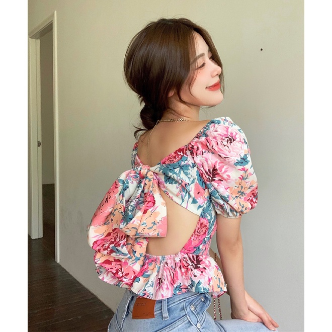 Áo Kiểu Tay Phồng Hở Lưng Họa Tiết Hoa Thời Trang Mùa Hè Cho Nữ
