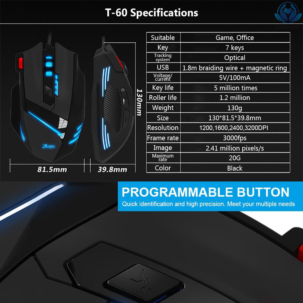 【enew】ZELOTES T-60 3200DPI Wired Gaming Mouse Optical Adjustable USB Computer Programmable LED Backlight Mice 7 Buttons Gaming Mouse for PC Laptop Gamer