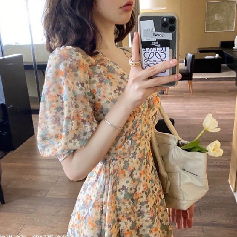 IELGY Đầm chiffon Dài Cổ Chữ V In Họa Tiết Tranh Sơn Dầu Phong Cách Hàn Quốc Thời Trang Mùa Hè Mới Cho Học Sinh