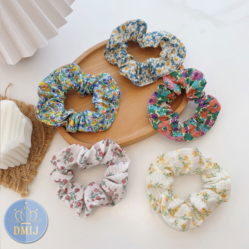 Cột Tóc Vải Scrunchies Họa Tiết Hoa Ngũ Sắc Phong Cách Hàn Quốc