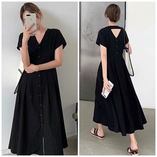 Đầm váy midi đen form dài nút sau