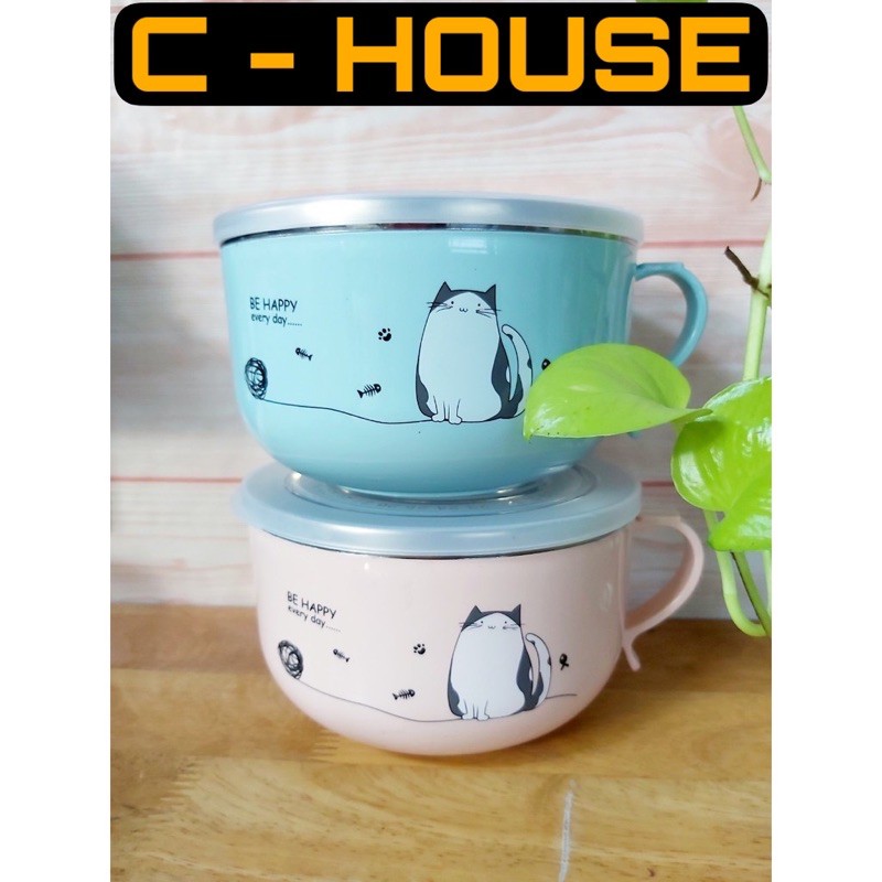 (HCM - CÓ SẴN) Tô ăn mì/cơm/bún/cháo/thức ăn... cách nhiệt size 14x9cm, có nắp + muỗng loại đẹp