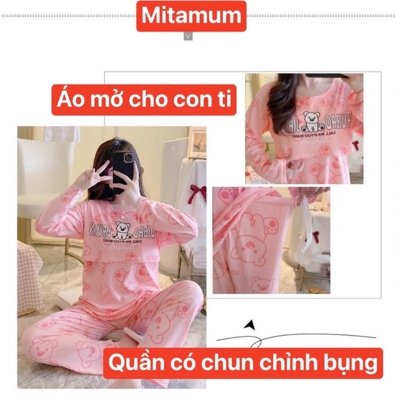 Đồ bộ bầu pijama bà bầu và sau sinh cho con bú ti dài tay thu đông mặc nhà có bigsize 80kg