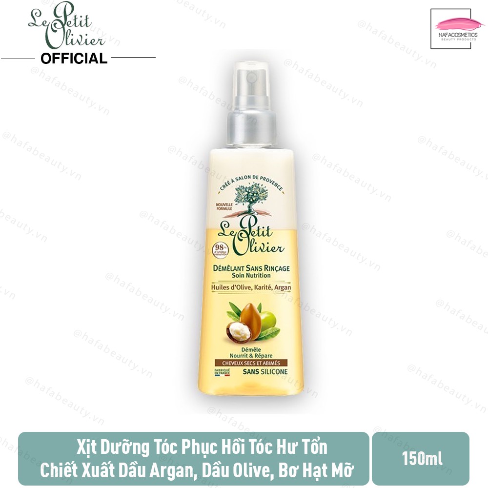 Xịt dưỡng tóc phục hồi tóc hư tổn chiết xuất Dầu Argan, Bơ Hạt Mỡ, Dầu Olive Le petit Olivier 150ml