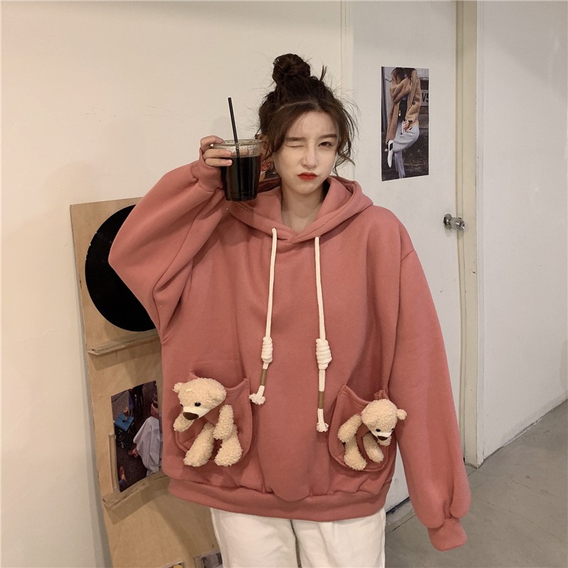 Áo hoodie gấu có mũ trùm đầu dễ thương thu đông phong cách hàn quốc