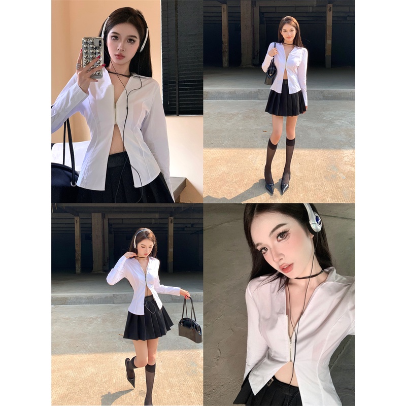 QKOOLE Áo sơ mi  tay dài cổ chữ V phối khóa kéo thời trang Hàn Quốc cho nữ