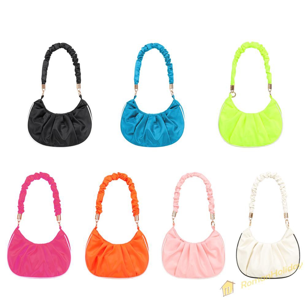 【On Sale】Retro Women Pleated Pure Color Underarm Bag Casual Top-handle Hobos Handbag