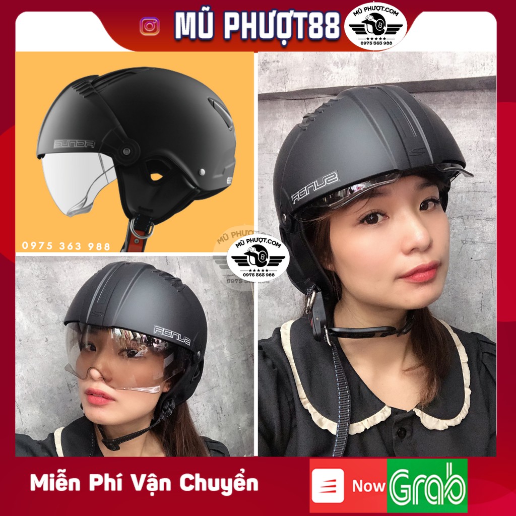 Mũ bảo hiểm nửa đầu SUNDA 135D đen nhám, mũ nửa đầu giấu kính tháo lót tiện lợi thời trang clip thật