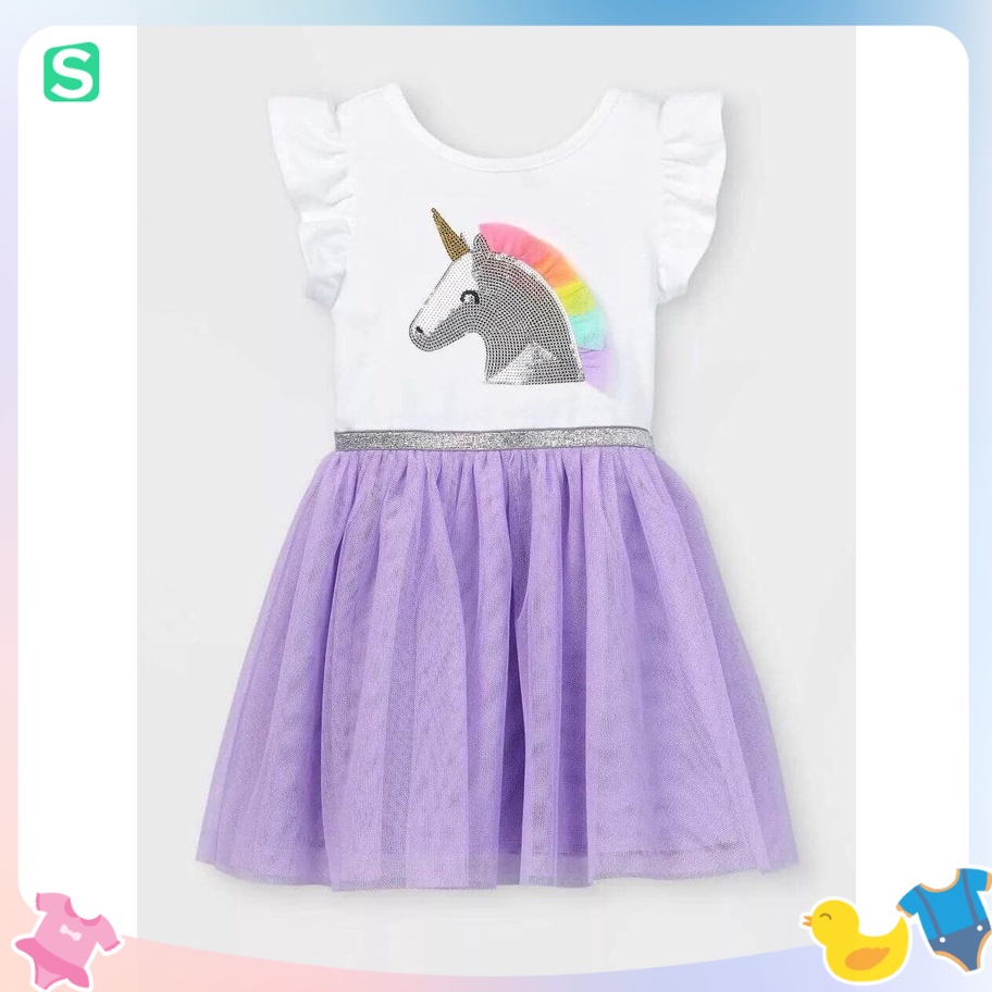 Đầm thun xuất xịn Tay Cánh tiên phối VOAN Đính KIM SA Ngựa Pony bé gái Cat & Jack 2-5T