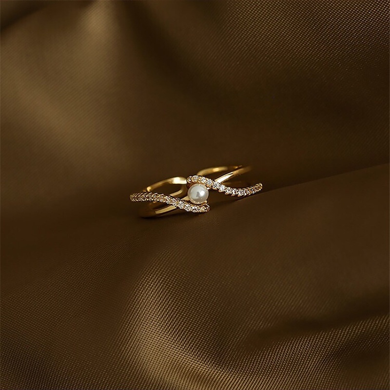 Ahellogirl Nhẫn Hở Mạ Vàng Đính Ngọc Trai Nhân Tạo Kiểu Dáng Đơn Giản Sang Trọng