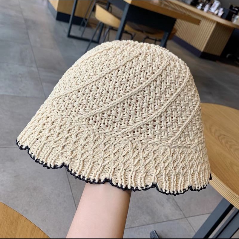 Mũ Bucket Sợi Đan Trơn Dáng Sụp Viền Đen Nữ Tính