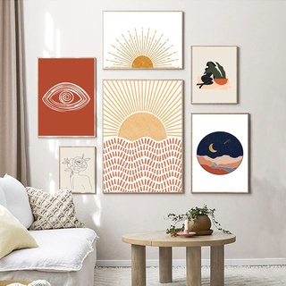 Tranh Vải Bạt Treo Tường In Hình Mặt Trăng / Mặt Trời Phong Cách Boho Tối Giản Trang Trí Phòng Ngủ
